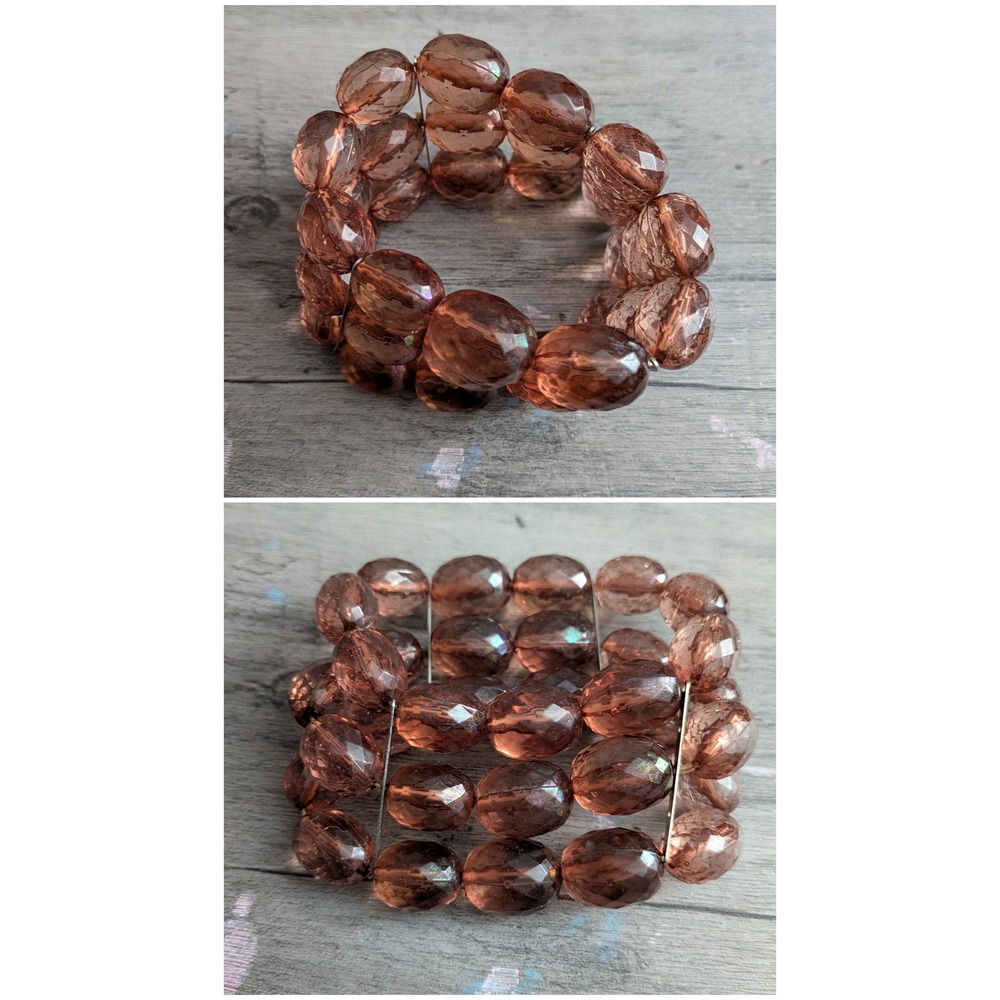 Faceted Mauve Acrylic Bead Stretch Cuff Bracelet Purple Triple Row Statement